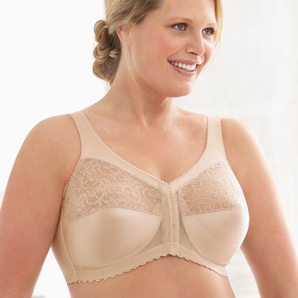 Glamorise 44C MAGIC LIFT Bra FRONT-CLOSE Wireless-Support LACE-CUPS Nude NEW - Picture 11 of 16